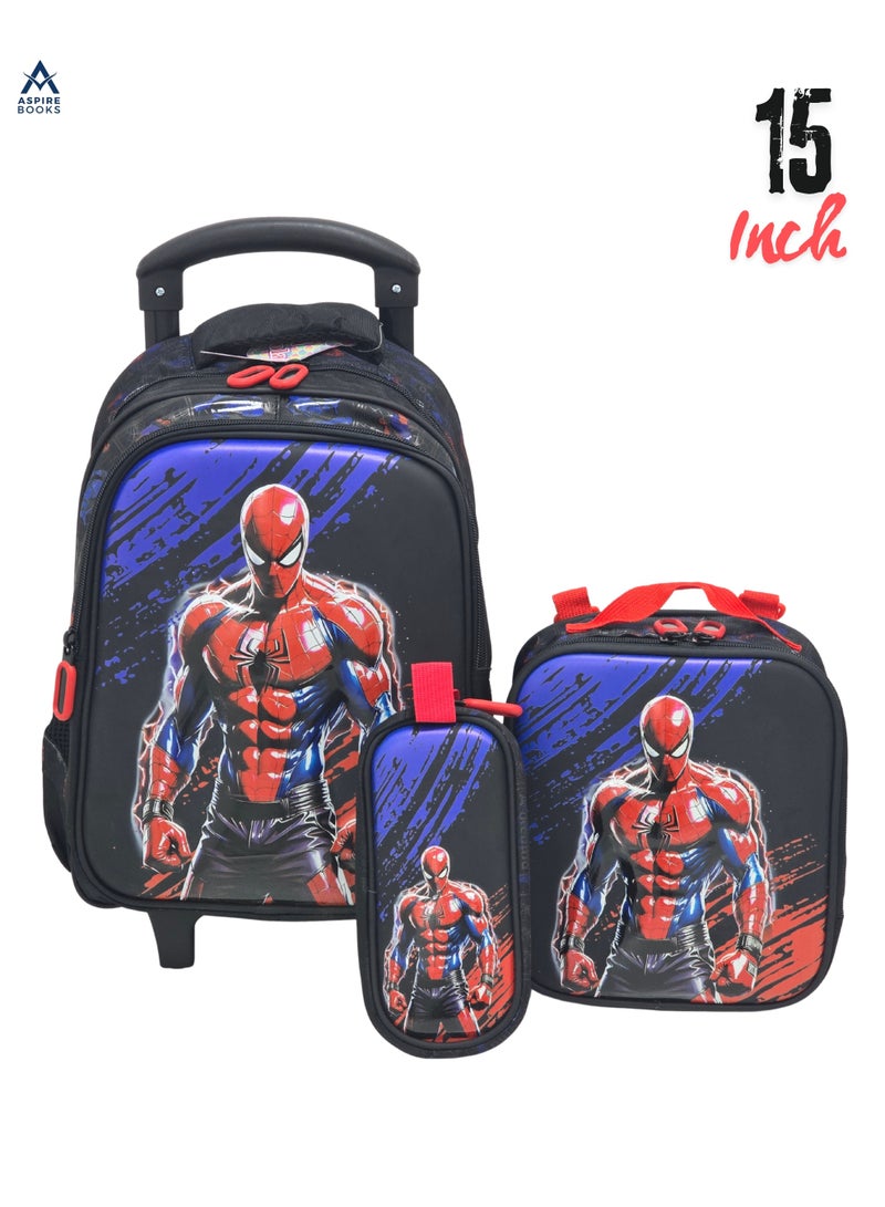 Aspire Books Exclusive Spider-Man 15-Inch Rolling Backpack for Kids – 3-Piece School Trolley Set includes Lunch Bag & Pencil Case, Limited Edition (Red/Blue/Black) - Image 1
